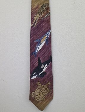 World Wildlife Burgundy Wine Colored Silk Tie Sealife, Pig, Alligator